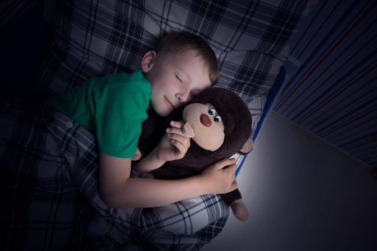 Small boy sleeping with a stuffed animal